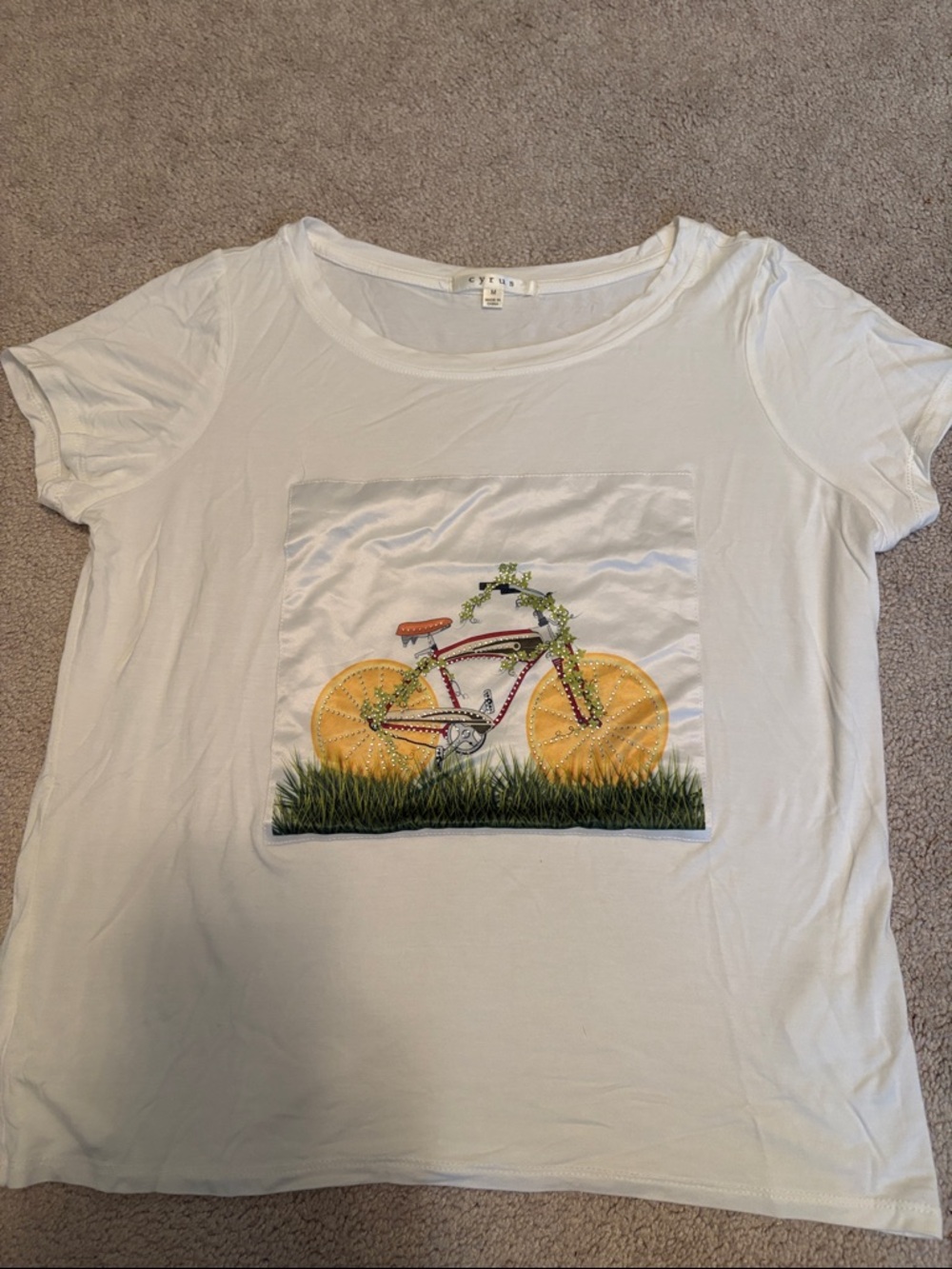 Cyrus White Short Sleeve Tee with Yellow Bicycle Graphic